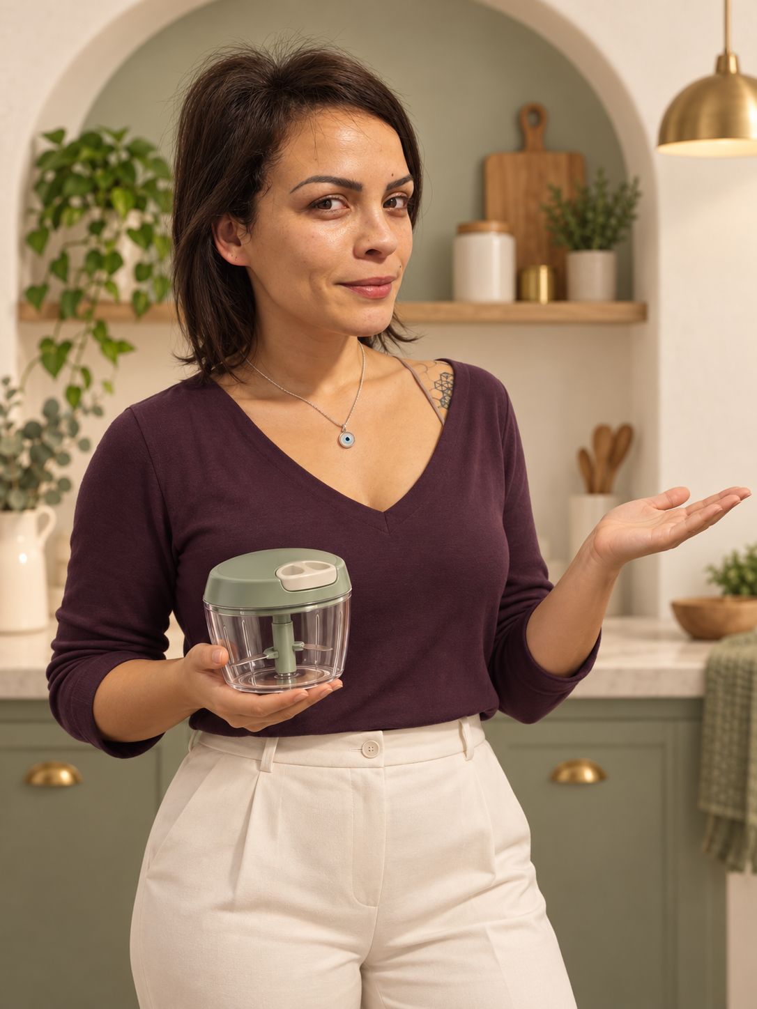 Mô, responsável pela Lojinha Diagonal, segurando um utensílio de cozinha